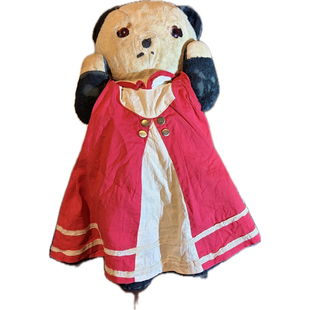 Antique 1925-1945 Panda Bear Plush Teddy Bear Stuffed Animal Red Glass Eyes 14in